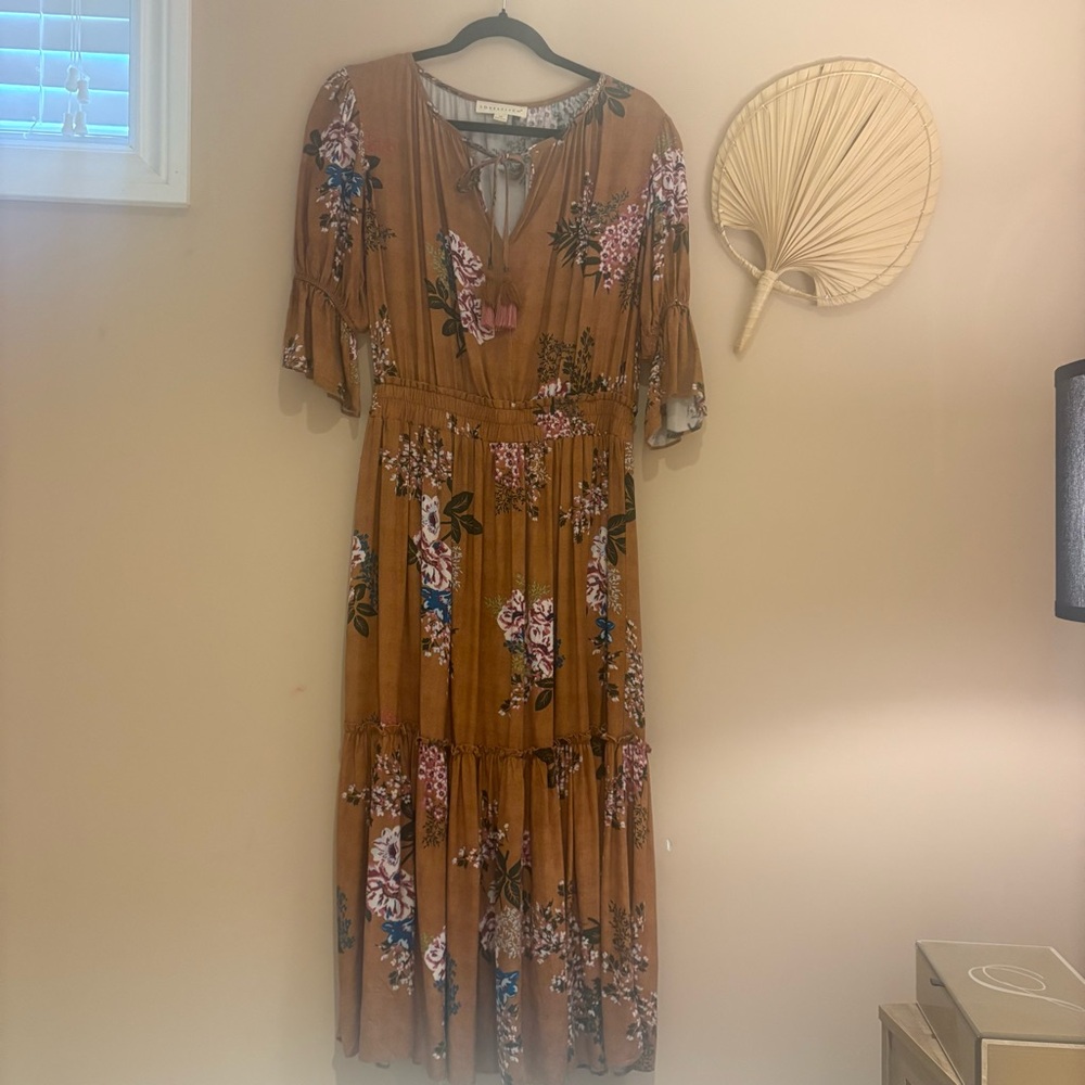 Lovestitch Gold Midi Sundress with Bishop Sleeves and V-Neck
